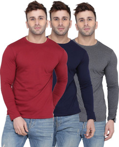 Kroptee Solid Men Round Neck Dark Blue, Maroon, Grey T-Shirt