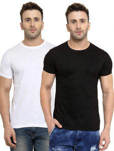 YouthPoi Solid Men Round Neck White, Black T-Shirt