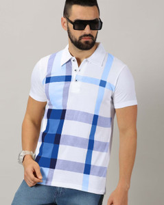 Starvy Checkered Men Polo Neck Blue T-Shirt