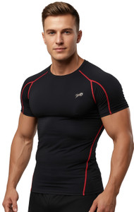 Just Rider Solid Men Crew Neck Black, Red T-Shirt