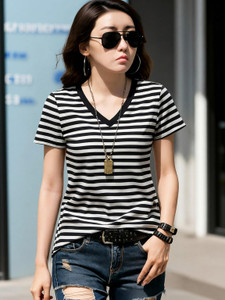 Smart Colors Striped Women V Neck Black T-Shirt