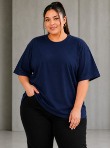 PLUSFECT Solid Women Round Neck Navy Blue T-Shirt