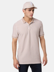 Pepe Jeans Striped Men Polo Neck Beige T-Shirt