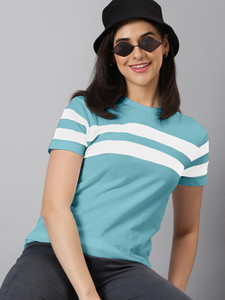 AUSK Striped Women Round Neck Light Blue T-Shirt