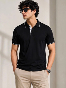 TeeVybe Solid Men Polo Neck Black T-Shirt - Image 6
