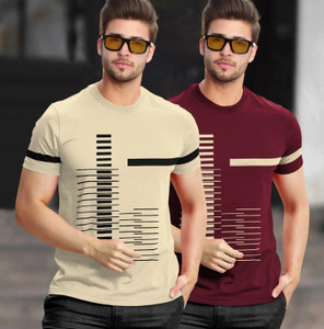 TRIPR Printed Men Round Neck Beige, Maroon T-Shirt