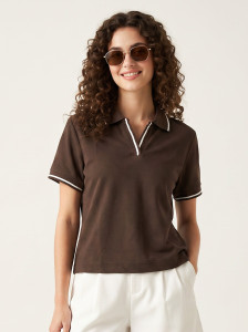 Glitchez Self Design Women Polo Neck Brown T-Shirt