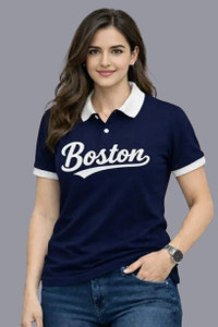 NooHy Women Navy Blue Polo Neck T-Shirt - Image 4