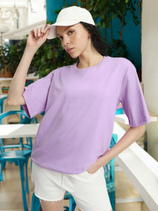 JUNEBERRY Solid Women Round Neck Purple T-Shirt
