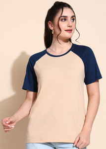 Adyavastram Colorblock Women Round Neck Beige, Blue T-Shirt