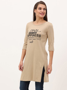 Fleximaa Typography Women Round Neck Beige T-Shirt