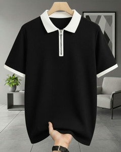 ENITOR Solid Men Polo Neck Black T-Shirt