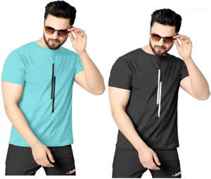 REVIZO Striped Men Round Neck Light Green, Black T-Shirt