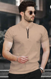 NVGARMENT Solid Men Zip Neck Beige T-Shirt