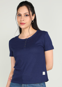 Spykar Striped Women Henley Neck Dark Blue T-Shirt