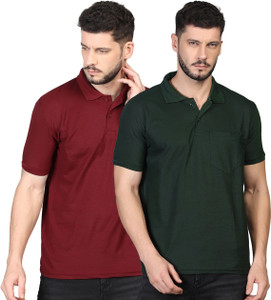 INKKR Solid Men Polo Neck Green, Maroon T-Shirt