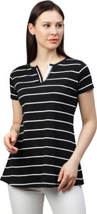 GO.4.IT Striped Women Henley Neck Black T-Shirt