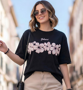 PAHELIKA Floral Print, Typography, Embroidered Women Round Neck Black T-Shirt
