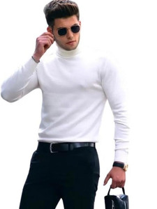 ND Self Design Men Turtle Neck White T-Shirt