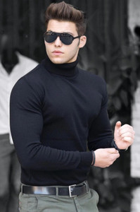 Ruishee Self Design High Neck Casual Men Black Sweater