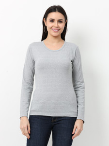 Wafaa Solid Women Round Neck Grey T-Shirt