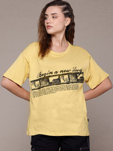 Roadster Printed Women Round Neck Yellow T-Shirt