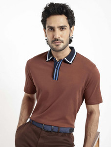 RARE RABBIT Self Design Men Polo Neck Brown T-Shirt