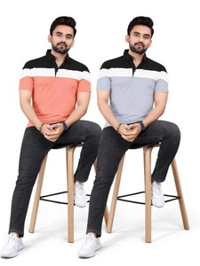 rggarment Colorblock Men Polo Neck Pink, Grey T-Shirt