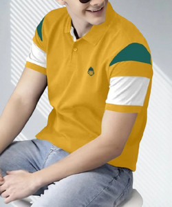 KHAHURIYO Striped Men Polo Neck Yellow T-Shirt