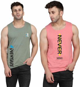 SLOWLORIS Printed Men Round Neck Light Green, Pink T-Shirt