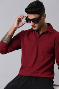 LEWEL Solid Men Polo Neck Red T-Shirt