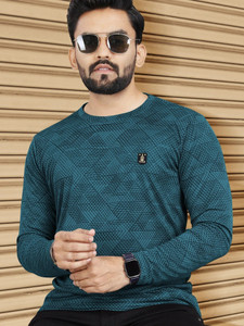 वेबनोर पुरुषों के लिए गोल गला प्रिंटेड नीला टी-शर्ट