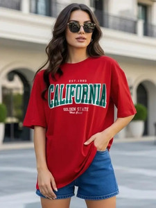 JUNEBERRY Printed, Typography Women Round Neck Red T-Shirt