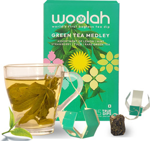 woolah Green Tea Assortment Tea - World'S 1St Bagless Tea Dip Tulsi, Mint, Lemon, Strawberry Green Tea Box