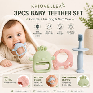 KRIOVELLEA 3PCS Baby Teether Set Silicone BPA Free Teething Toy for 6+ Months Teether