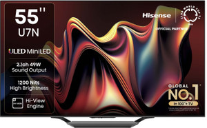 Hisense U7N 139 cm (55 inch) Ultra HD (4K) Mini LED Smart VIDAA TV with 240 Full Array Local Dimming Zones Dolby Vision Atmos