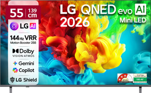 LG AI QNED evo 82 139 cm (55 inch) Ultra HD (4K) Mini LED Smart WebOS TV 2026 Edition with Dynamic QNED Color Pro, Mini LED with Precision HDR Master Pro, Alpha8 AI Processor 4K Gen3, Dolby Vision & Dolby Atmos, AI Picture Pro & AI Sound Pro AI Magic Remote, Multi AI (Google Gemini & MS Copilot), 144hz VRR, Motion Booster 288, AMD FreeSync Premium, 5 Years OS upgrade, Secured by LG Shield, LG Channels