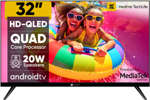 realme TechLife 80 cm (32 inch) QLED HD Ready Smart Android TV with Thunder OS, Live TV, Netflix, 100+ Apps, 20W Speakers, 300 Nits Brightness, Bezel-less Design