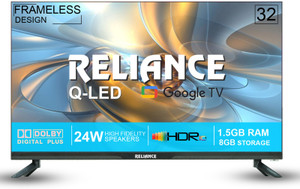 Reliance 80 cm (32 inch) HD Ready LED Smart Google TV 2025 Edition with Next Generation Google Smart Q-Led Tv Platform with OTT Apps like Jio Cinema, Netflix, Prime Video, Disney+ Hotstar & More Than 5000 Apps, Frameless Design & Voice Remote with 24 Watts Speaker & 1.5 GB RAM, 8 GB Storage