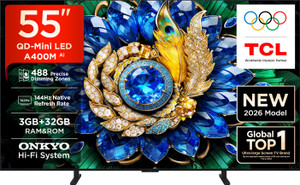 TCL A400M 138.71 cm (55 Inch) Ultra HD (4K) Mini LED Smart Google TV 2026 Edition with ONKYO Hi-Fi System Up to 488 Precise Dimming Zones 288 VRR High HDR Brightness TSR AiPQ Processor AMD Free Sync Premium TCL Ai Ultra-slim Unibody Design