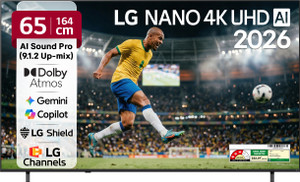 LG AI NU87 164 cm (65 inch) Ultra HD (4K) LED Smart WebOS TV 2026 Edition with NANO Detail Enhancer, HDR10 Pro, 4K Super Upscaling Alpha7 AI Processor 4K Gen9, Dolby Atmos, AI Sound Pro (9.1.2 ch), Multi AI (Google Gemini & MS Copilot), Linear Flow Design, 60Hz VRR, 5 Years OS upgrade, Secured by LG Shield, LG Channels
