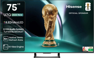 Hisense 75U7Q 190 cm (75 inch) Ultra HD (4K) Mini LED Smart VIDAA TV 2025 Edition with 2.1CH Audio System Tuned by DEVALET, Native 144 Refresh Rate, Dolby Vision Atmos
