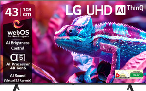 LG AI TV UR7500 108 cm (43 inch) Ultra HD (4K) LED Smart WebOS TV 2025 Edition with Alpha5 AI Processor 4K Gen6 | 100+ Free LG Channels | 4K Upscaling | AI Brightness Control | AI Sound (Virtual Surround 5.1 Up-mix) | FTA Satellite Port | Magic Remote Compatible | 60Hz Refresh Rate | Alexa Built In | Works with Apple Air Play