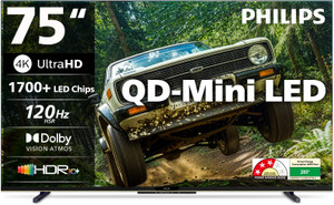 PHILIPS 189 cm (75 inch) Ultra HD (4K) Mini LED Smart Google TV 2026 Edition with Local Dimming Dolby Vision & HDR10+ 36W Dolby Atmos 120Hz Game Accelerator Filmmaker Mode Wider Colour Gamut Ultra Narrow Bezel 2GB RAM + 32 GB Storage