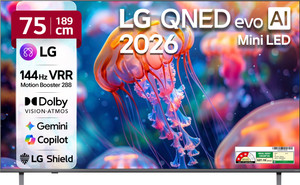 LG AI QNED evo 82 189 cm (75 inch) Ultra HD (4K) Mini LED Smart WebOS TV 2026 Edition with Dynamic QNED Color Pro, Mini LED with Precision HDR Master Pro, Alpha8 AI Processor 4K Gen3, Dolby Vision & Dolby Atmos, AI Picture Pro & AI Sound Pro AI Magic Remote, Multi AI (Google Gemini & MS Copilot), 144hz VRR, Motion Booster 288, AMD FreeSync Premium, 5 Years OS upgrade, Secured by LG Shield, LG Channels