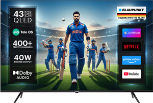 Blaupunkt 108 cm (43 inch) QLED Ultra HD (4K) Smart JioTele OS TV 2025 Edition with |3 Months Free JioHotstar| 40W Sound Output | 2 Speaker | 450 Nits Brightness | Dolby Audio | Multilingual Voice Assistant | 300+ free live TV channels | 300+ JioGames | Web Browser | Sports Mode | Bezel Less Design