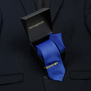 MUTAQINOTI Blue Italian Style Silk Necktie Set With Pocket Square & Gold Tie Pin Polka Print Tie