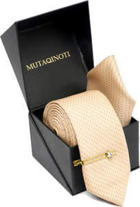 MUTAQINOTI Dotted Cream Italian Style Silk Necktie Set With Pocket Square & Gold Tie Pin Polka Print Tie