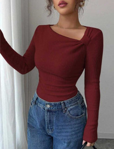 SWEATYFASHION Casual Self Design Women Maroon Top