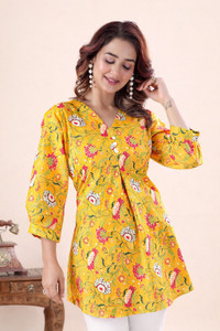 Mdhurima Casual Floral Print, Printed Women Yellow Top